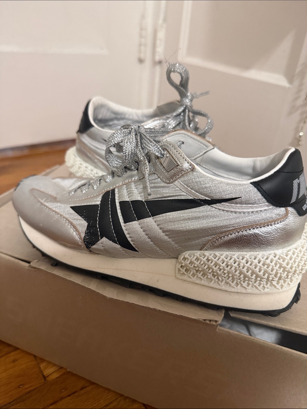 Golden Goose Women's Silver and Black Sneakers Running Marathon